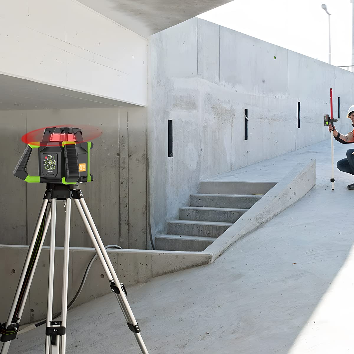 Huepar Electronic Self-Leveling Rotary Red Laser Level Kit - 360 Horizontal Laser Beam Interior/Exterior Rotating Laser Level Tool with Receiver, Protective Glasses, Li-ion Battery, Hard Case RL300HR
