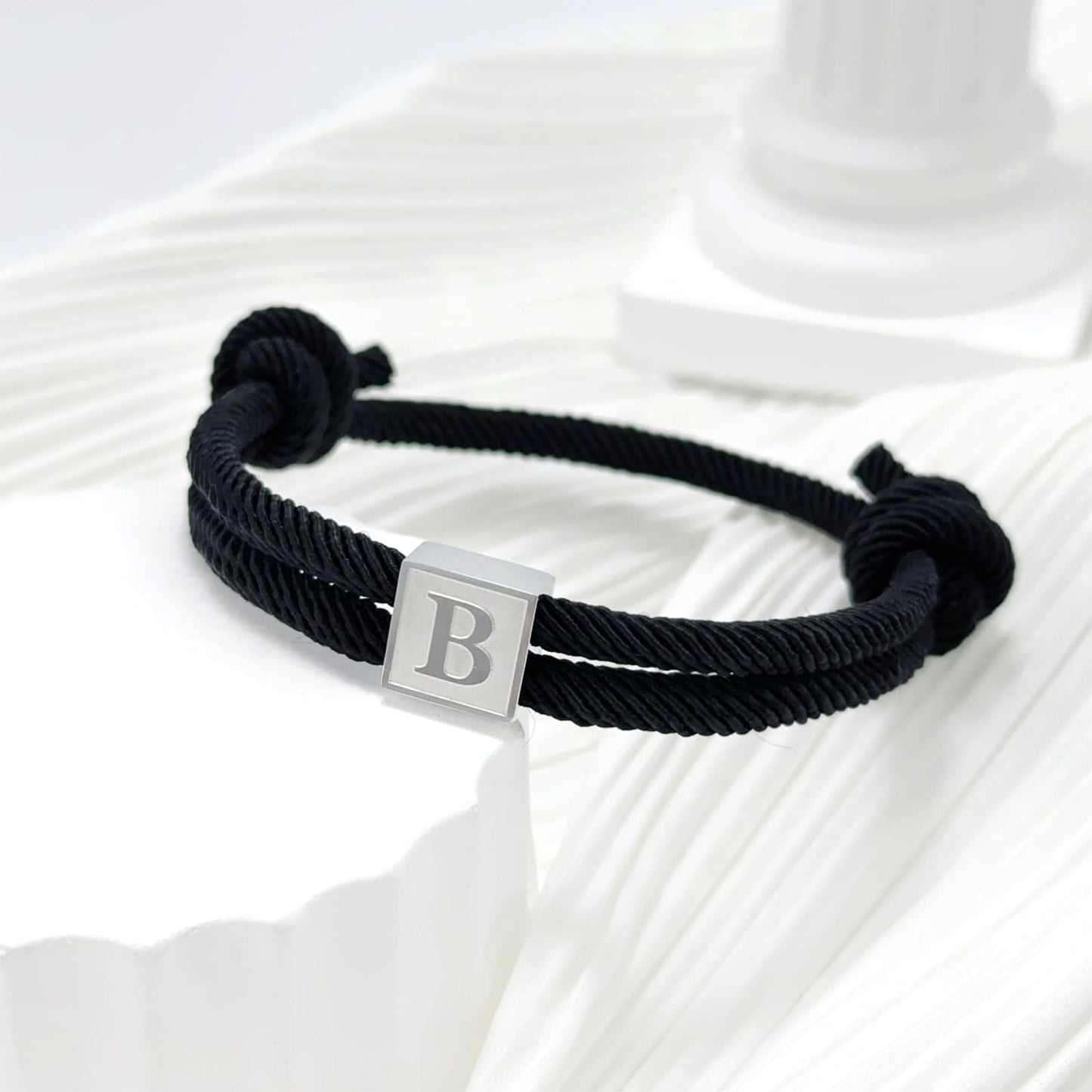 BHDJSHX Personalized Stainless Steel Initial Bracelet for Men-Adjustable Black Braided Cord with A-Z Letter (7-13 Inches) - Unisex Jewelry for Brothers, Son, Boyfriend, or Girlfriend(M)