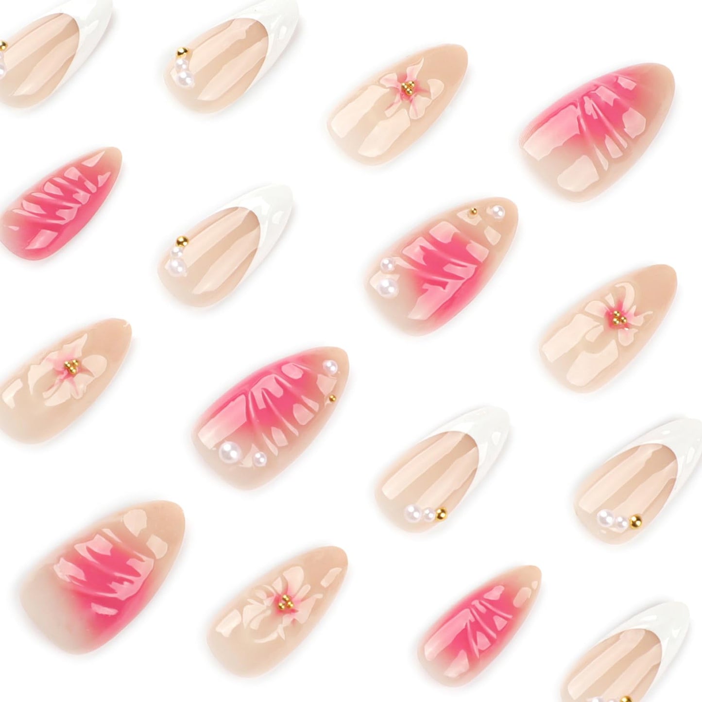 3D Pink French Press on Nails with Charms Medium Fake Nails Cute French Nails Press ons Gold Steel Balls Carved Ripple Flower Stick on Nails Almond Shape Acrylic Nails Pearl Nails for Women Daily Wear