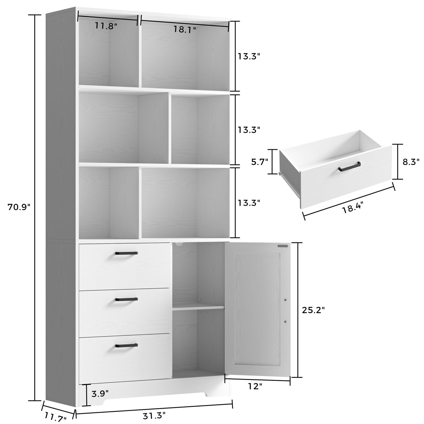 IRONCK Book Shelf with Doors and 3 Drawers 6-Tier Tall Bookcase 70.9 Inch with Storage Modern Bookshelf with 6 Open Cubes for Home Office, Living Room