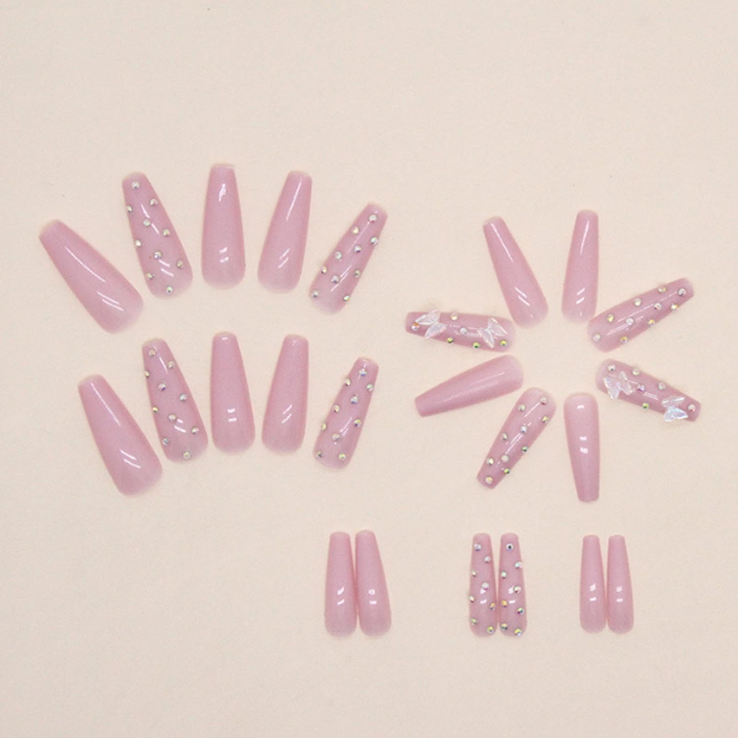 YoYoee Crystal Gem Design Nails Tips Long Coffin False Nails Nude Press on Nails Full Cover Cute Butterfly Fake Nails for Women and Girls 24PCS