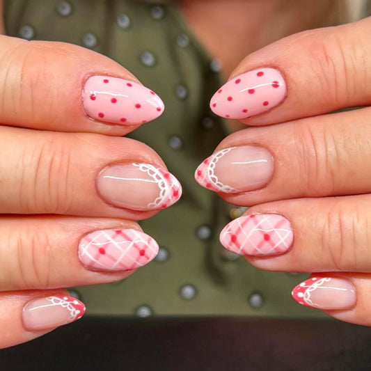Mivota Short Almond Press On Nails Pink Acrylic Fake Nails French Tip with Gingham Plaid, Polka Dot Design, Glossy Cute Stick On Nails for Women Girls Daily Wear Date Party Manicure 24PCS