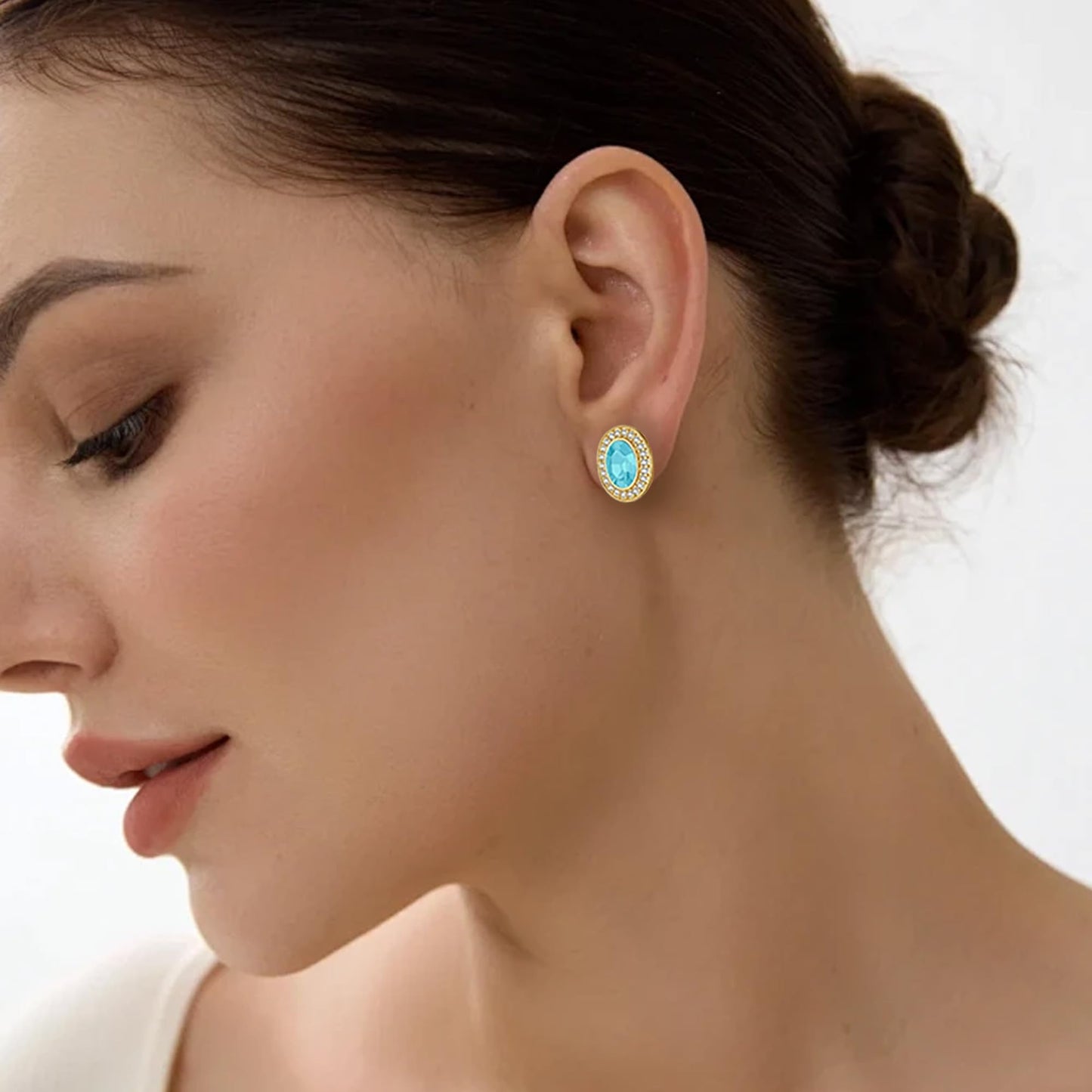 EVEVIC Austrian Crystal Halo Oval Stud Earrings for Women Trendy,14k Gold Plated Hypoallergenic Earring Jewelry Gift (Aquamarine)
