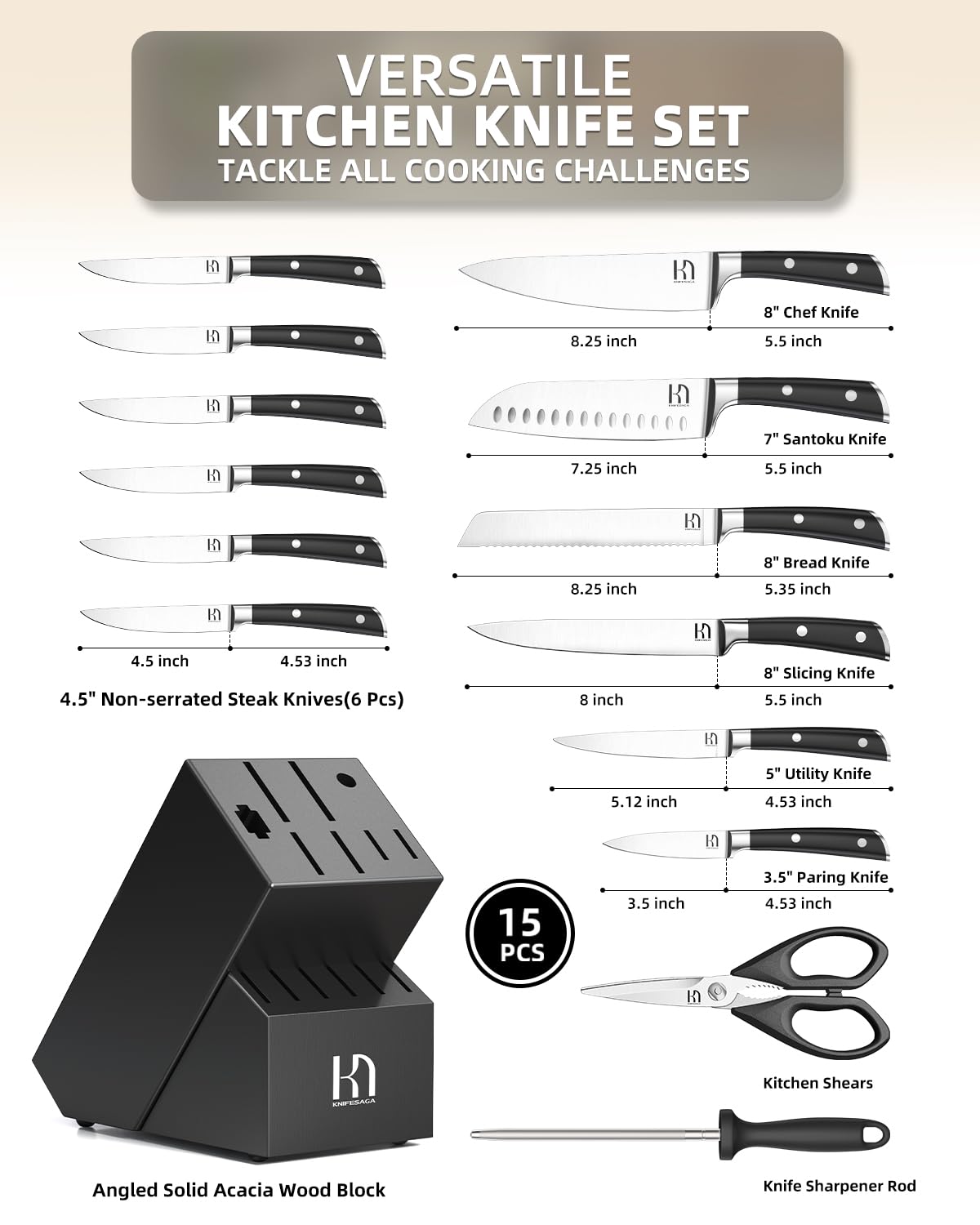 KnifeSaga Knife Set 15 Pcs High Carbon Stainless Steel Kitchen Knife Sets with Block & Sharpener, Premium Razor-Sharp Black Knives Block Set for Kitchen, Ergonomic Full-Tang Handle