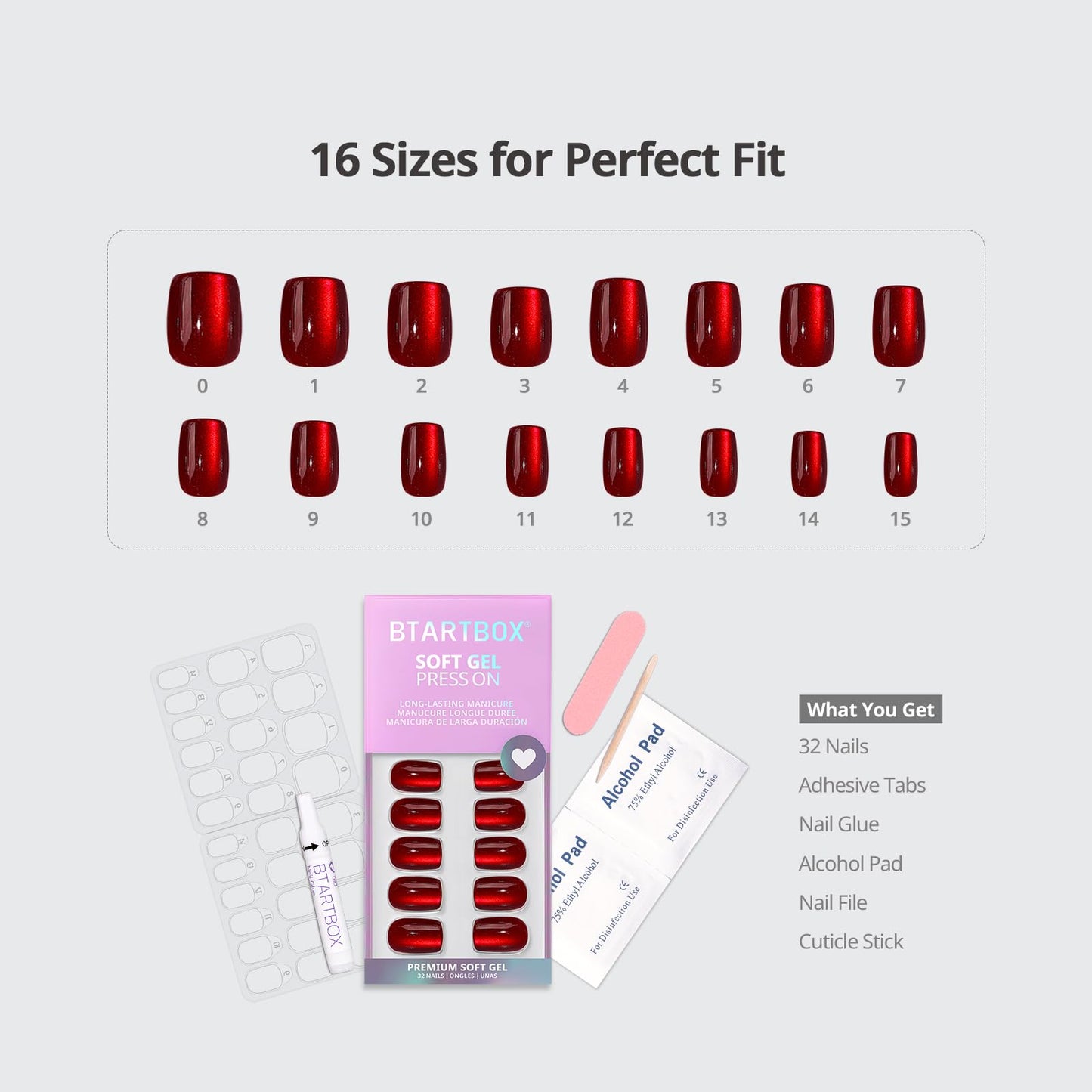 BTArtbox Press On Nails Red - Cat Eye Press On Nails Square for Gifts,Cherry Short Stick On Nails with Glue, Glossy Reusable Nail Tips in 16 Sizes - 32 Soft Gel Fake Nails Kit, Hot Love
