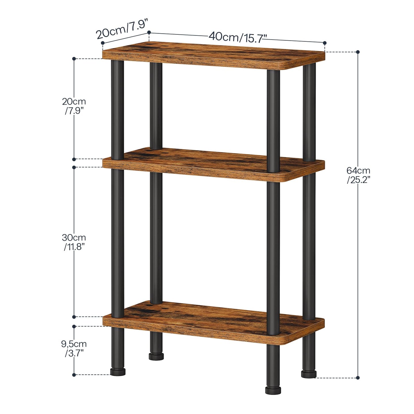 HOOBRO Narrow Side Table, 3-Tier Slim End Table No Tools Needed, Twist-On Assembly, Skinny Nightstand Sofa Storage Shelf for Living Room, Bedroom, Study, Rustic Brown and Black BF246BZ01N1