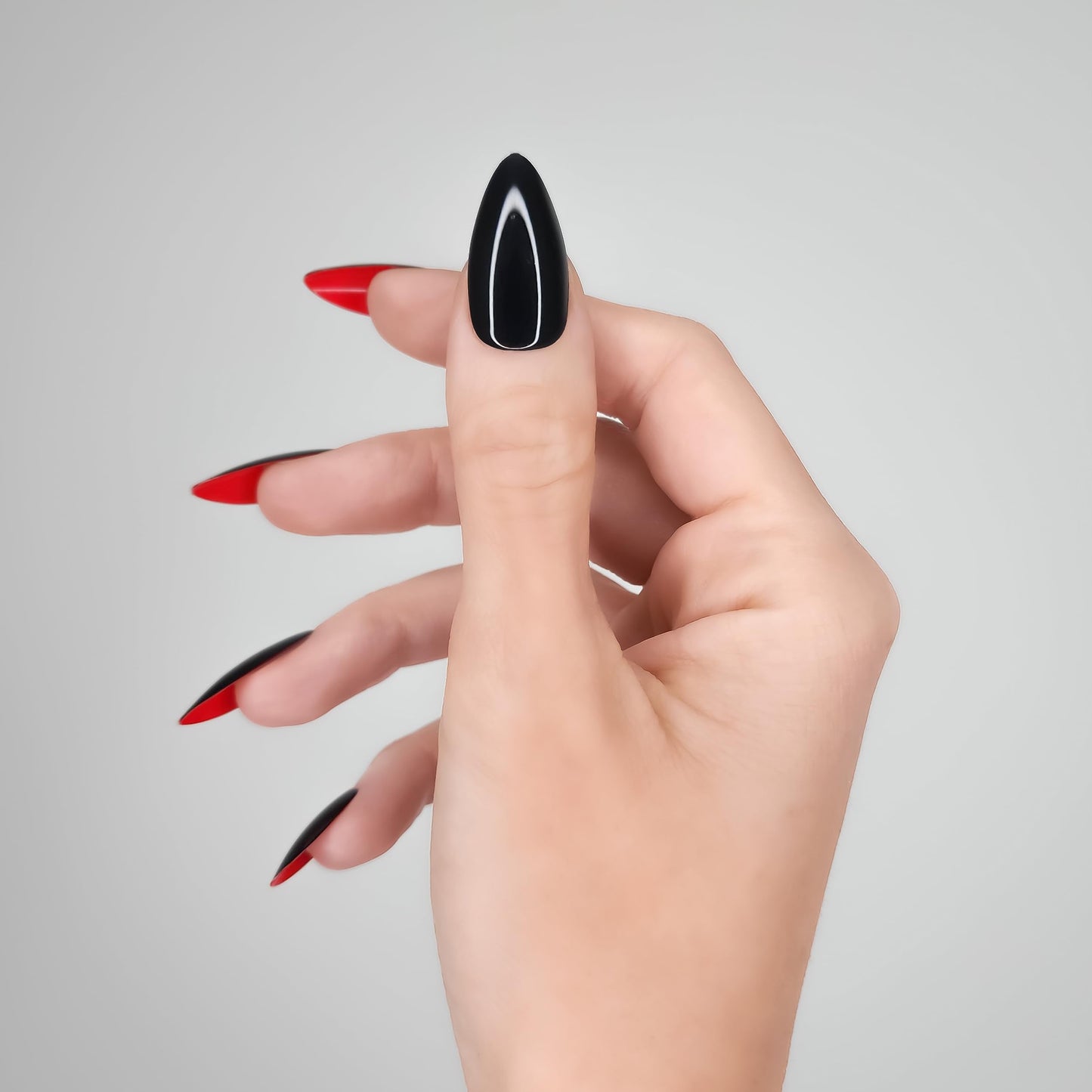 Hypnaughty 30 Pcs Revenge Almond Black Glossy Press On Nails With Bright Red Gloss Underneath & Nail Kit With Glue (Revenge Almond)