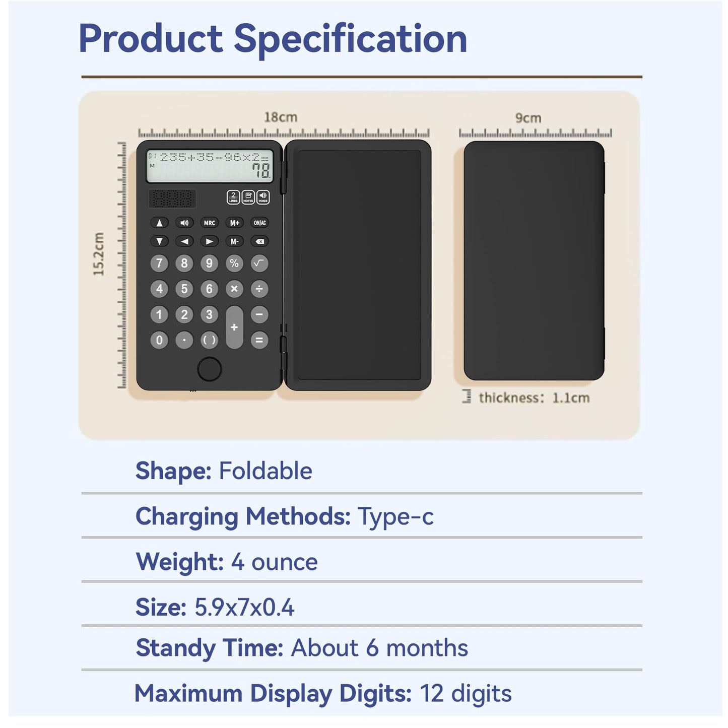 NEWYES Portable Calculator with Notepad, 2-Line 12-Digits Large Display, Rechargeable Solar Power Desk Calculator for Office School Students (Black)