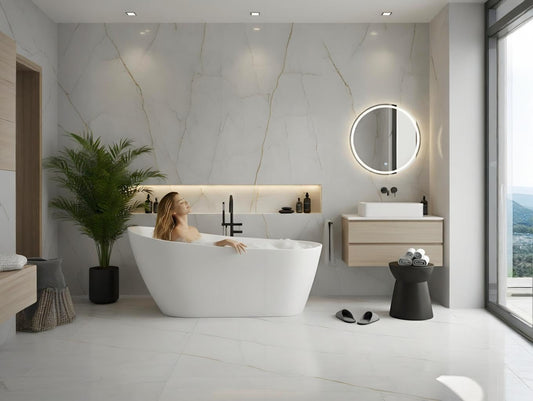 Freestanding Bathtub 67 inch Acrylic Oval Soaking Tub – All-White Design with Chrome Drain and Overflow Cover, Contemporary Stand Alone Bath for Family or Guest Use
