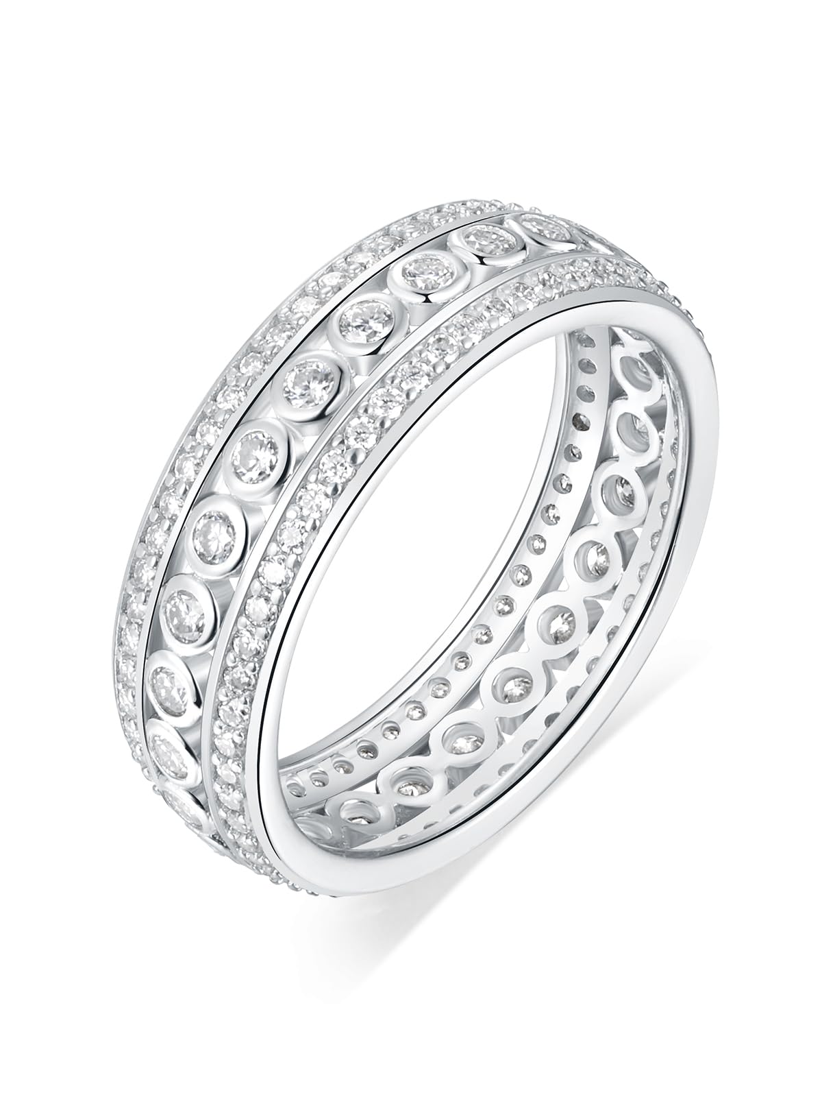 Frbod Moissanite Chunky Ring for Women 3 Row Pave Band Sparkly 925 Sterling Silver Rings Diamond Promise Band Size 4