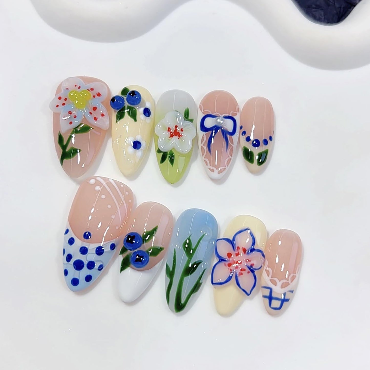 Spring Almond Handmade Nails with Flower Polka Dot Design French Press on Nails Reusable Artificial Acrylic Fake Nail for Women Girls Full Cover Stick on Nail Stick on Nail 10 Pcs （S）