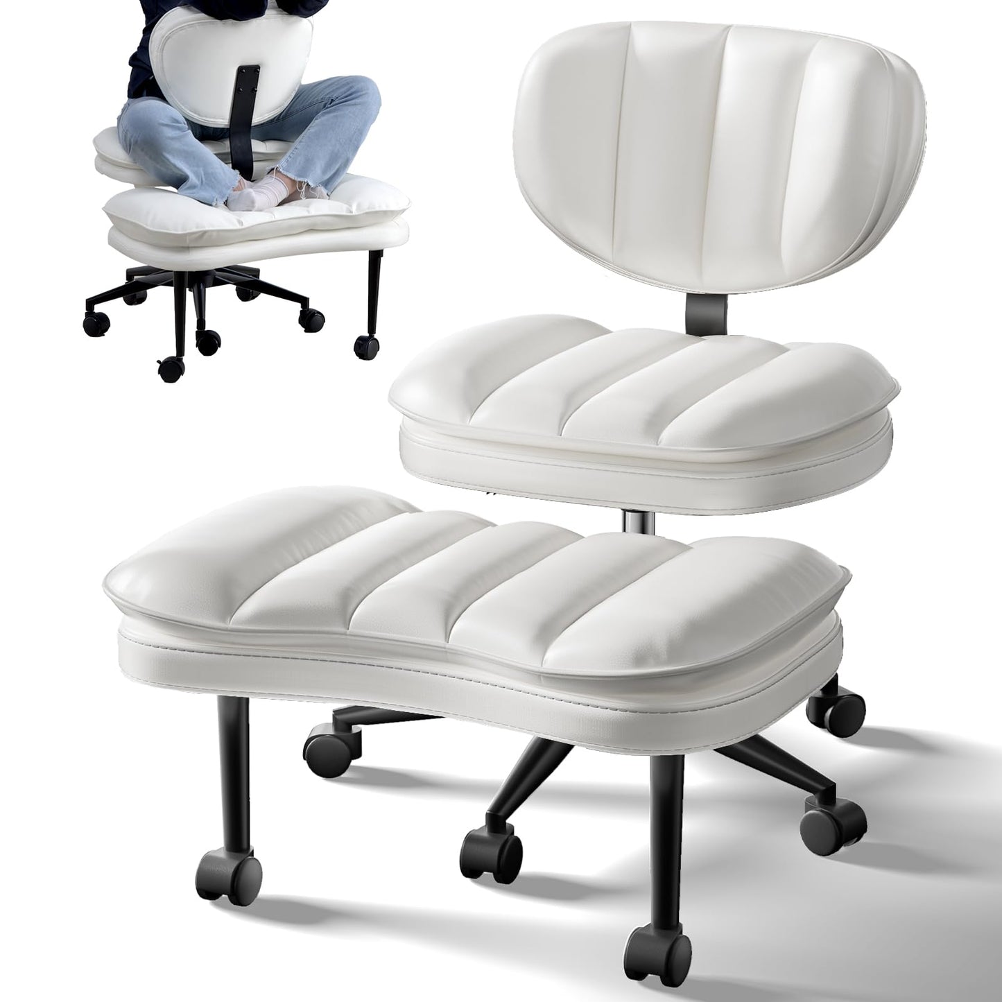 Extra-Wide & Tall Cross-Legged Office Chair – Deeply-Padded Cloud Seat, Ergonomic Back Support, Adjustable Height for ADHD & Meditation, White