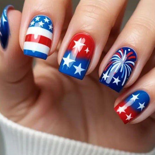 Independence Day Press on Nails Medium Square French Fake Nails Gradient Red White Lines with Stars Fireworks Glossy Acrylic Nail 4th of July Glue on Artificial Fingernails for Women Festival Manicure