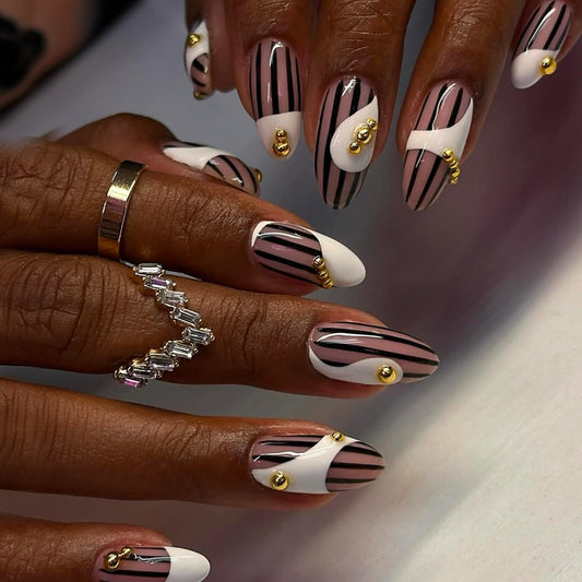 plalely Long Press on Nails Almond, Pink and White Acrylic Press on Nails with Stripes and 3D Gold Designs, Long Almond Nail Tips for Women 24pcs