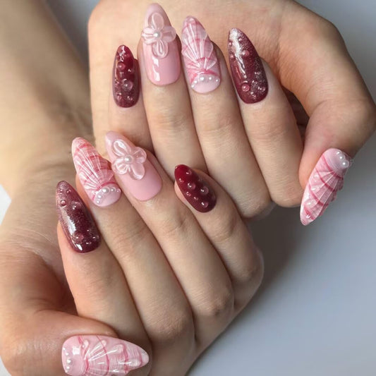10 Pcs Press on Nails Medium Almond Fake Nails, 3D Pink Shell Design Full Cover Stick on Nails, Handmade Artificial Acrylic Nails for Women with Nails File Set (Size S)