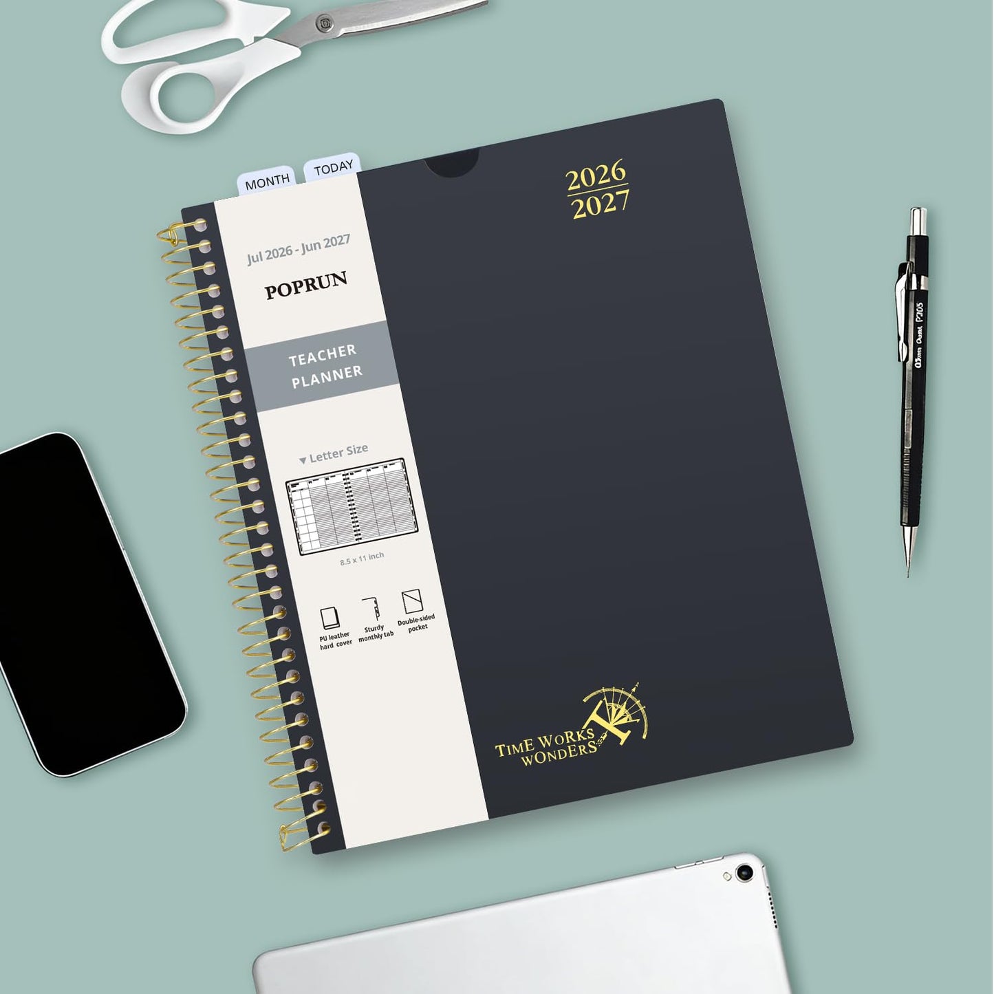 POPRUN Teacher Planner 2026-2027, 8.5" x 11", Academic Lesson Plan Book for Teachers (July 26-June 27) Weekly and Monthly with Gradebook, 2-Sided Pocket, Flexible PP Cover for Classroom, Beige