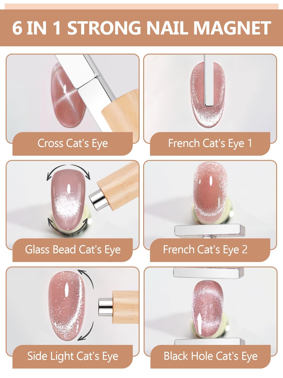 EBANKU 6 in 1 Cat Eye Nail Magnet Tool Set, Multifunctional Wooden Handle Nail Magnet, Heart Rabbit Shape Cat Eye Magnet for Nails, Magnet Pen with Steel Ball for French Nail Art DIY at Home
