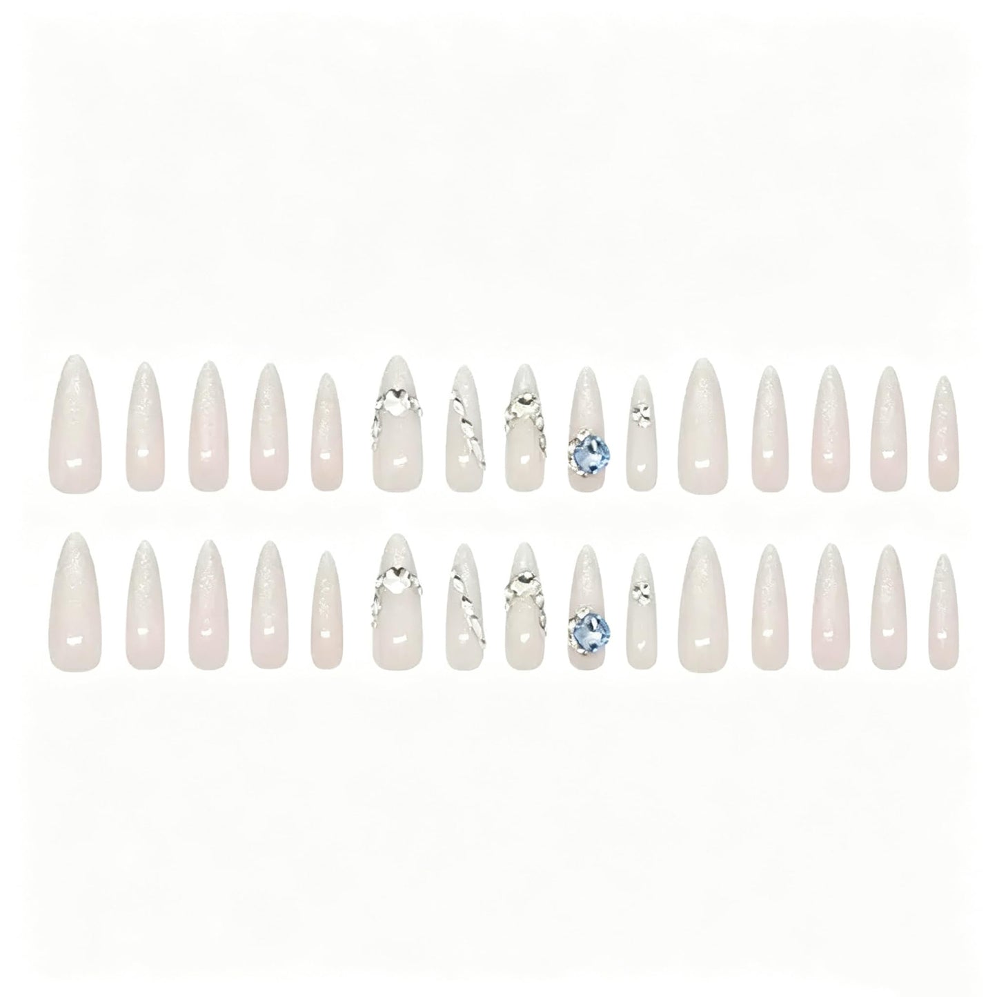 C.Z.Z.T.T.NAILS Nude Color Cat Eye Fake Nails, Long Almond Shaped with Blue Nail Art Rhinestones and Cat's Eye Gloss, 24pcs with Jelly Glue,Suitable for Parties or Gifts.