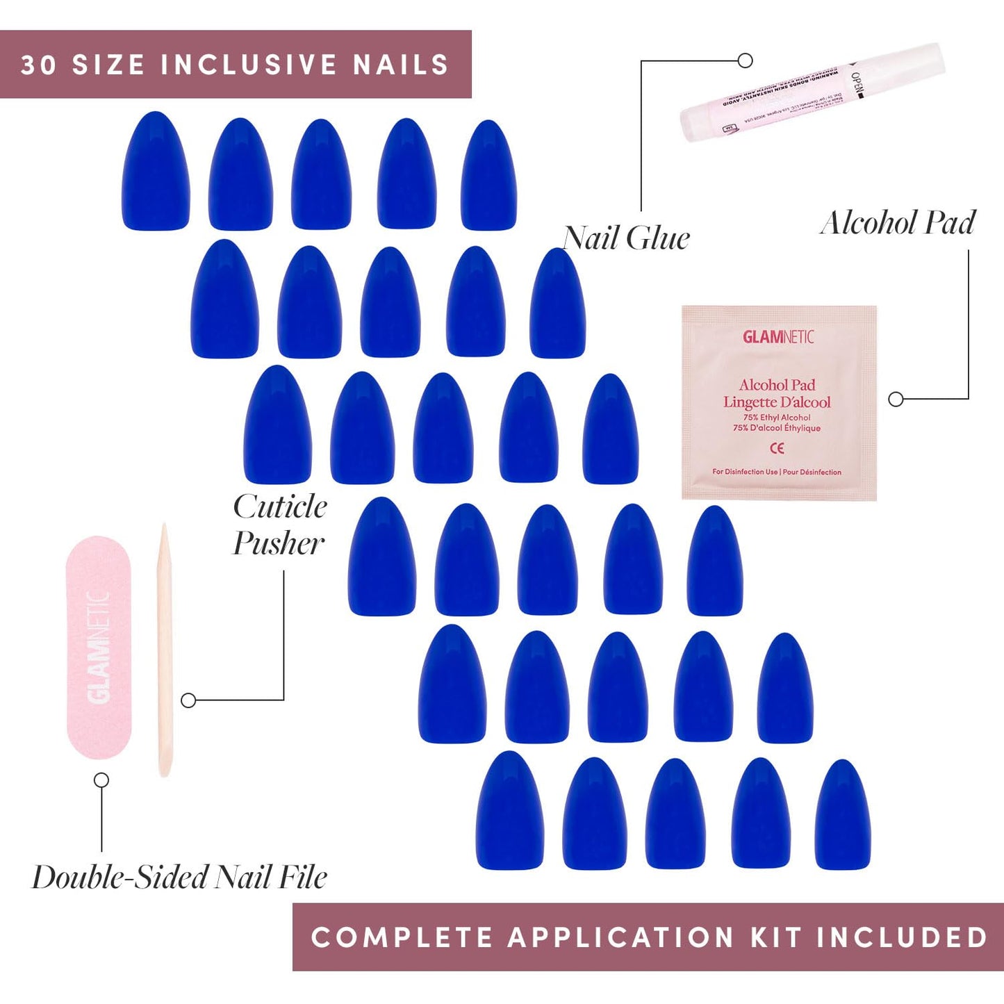 Glamnetic Press On Nails - Cobalt Blue | Opaque Bright Vibrant Blue Short Almond Fake Nails, Salon Quality | 15 Sizes - 30 Nail Kit