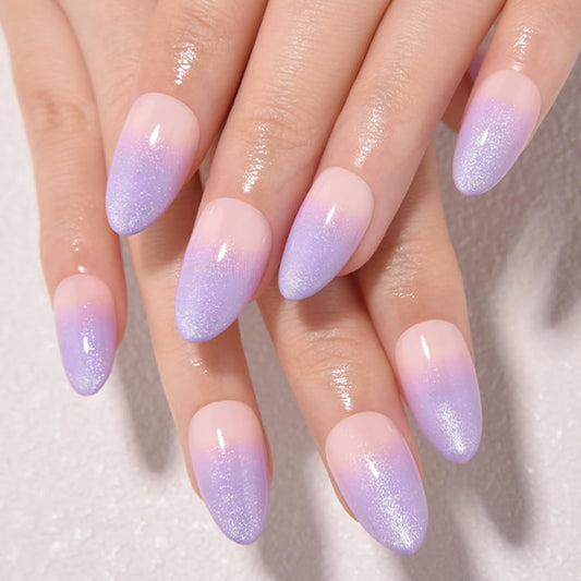 evpct Ombre Nude to Orchid Press on Nails Short Almond, Short Almond Glossy Stick on Nail for Women Gift with Manicure Kit, Reusable Soft Gel Stick on Fake Nail with Glitter Designs Perfectly Fit