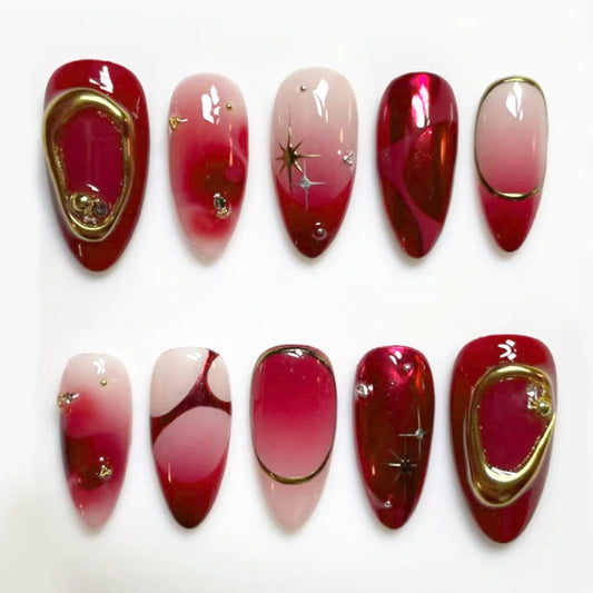 30pcs Deep Red Press on Nails Medium Almond French Fake Nails Stick on Nails Full Cover Artificial Glue on Nails Beautiful Fake nails Kit,Wine Red Nude Color Nail Art, Suitable for Women DIY Manicure