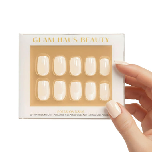 Glam Haus Beauty Press On Nails Vanilla Glaze | Short Square Milky White Glazed Finish Salon Quality | 16 Sizes - 32 Nail Kit with Glue & Adhesive Tabs