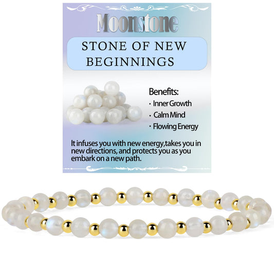 QOGIR Moonstone - New Beginnings - 14K Gold Plated Beads Natural Gemstone Stretch Elastic Dainty Healing Beaded Bracelets Gifts 4mm