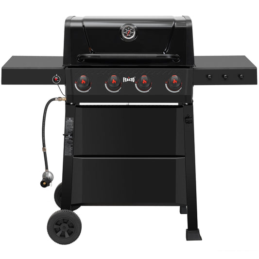 Feasto 4 Burner Gas Grill, 36,000 BTU Outdoor BBQ Grill with Side Table for Outdoor Cooking & Backyard Barbecue, Premium Enameled Coated Chamber Body with Porcelain-Enameled Grates, Black
