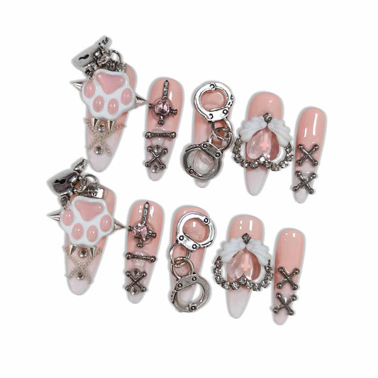 Hantyer Nude Ombre Gothic Press on Nails with Cat Paw Print & Silver Charms, Long Stiletto Glossy Sweet Cute Fake Nails, Reusable Kawaii False Nails for Women Birthday Party Cat Lover Gifts (Size M)