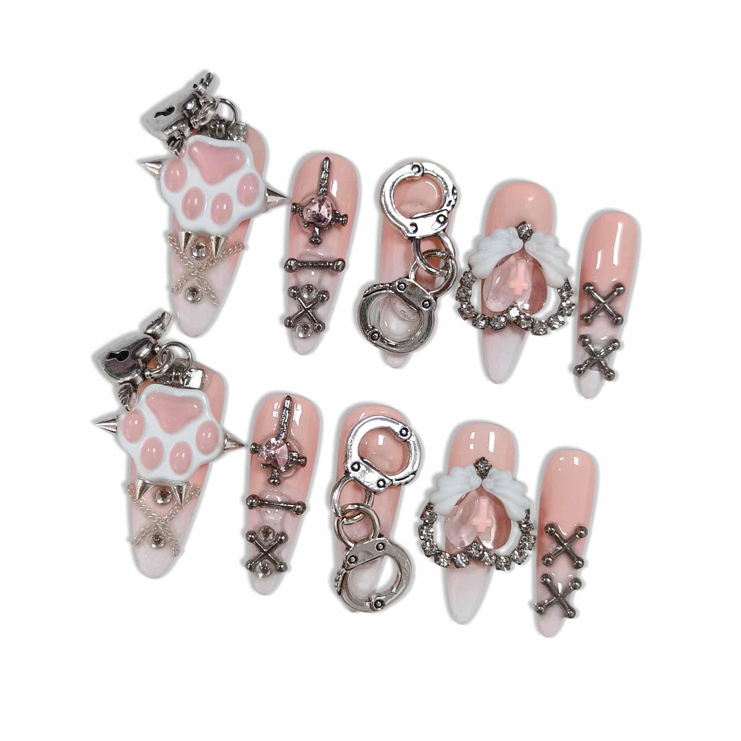 Hantyer Nude Ombre Gothic Press on Nails with Cat Paw Print & Silver Charms, Long Stiletto Glossy Sweet Cute Fake Nails, Reusable Kawaii False Nails for Women Birthday Party Cat Lover Gifts (Size S)