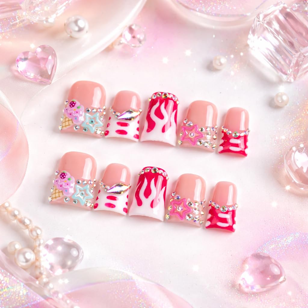 IntoVibes 10 Pieces Luxury Acrylic Press On Nails Short Handmade Duck Nails, Pink Thickened False French Nails, Flame And Rhinestone, Reusable Fake Nails, Glow-in-the-dark Nails (S)