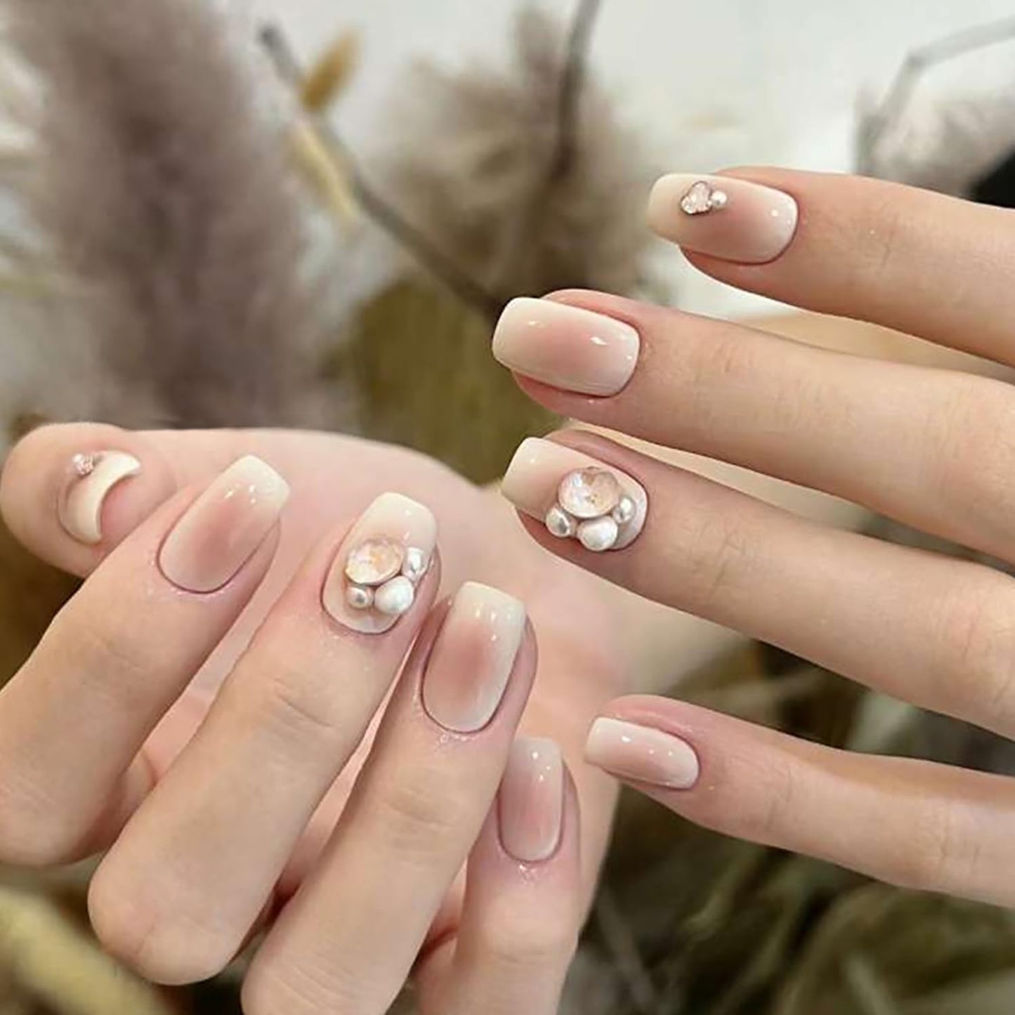 Vezocim Press on Nails Short Square-24Pcs Glossy Full Cover Acrylic White False Nails with Rhinestone Designs Artificial Extra Short Square Fake Nails with Glue Stick on Fingernails for Women Girls