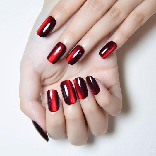 XZMeiLun Deep Red Press On Nails - Cat Eye Medium Square Magnetic Acrylic Fake Nails, Stylish Design, Salon-Quality Shiny Finish, Reusable Stick On Nails Kit for Women, Daily Wear (No Glue Included)