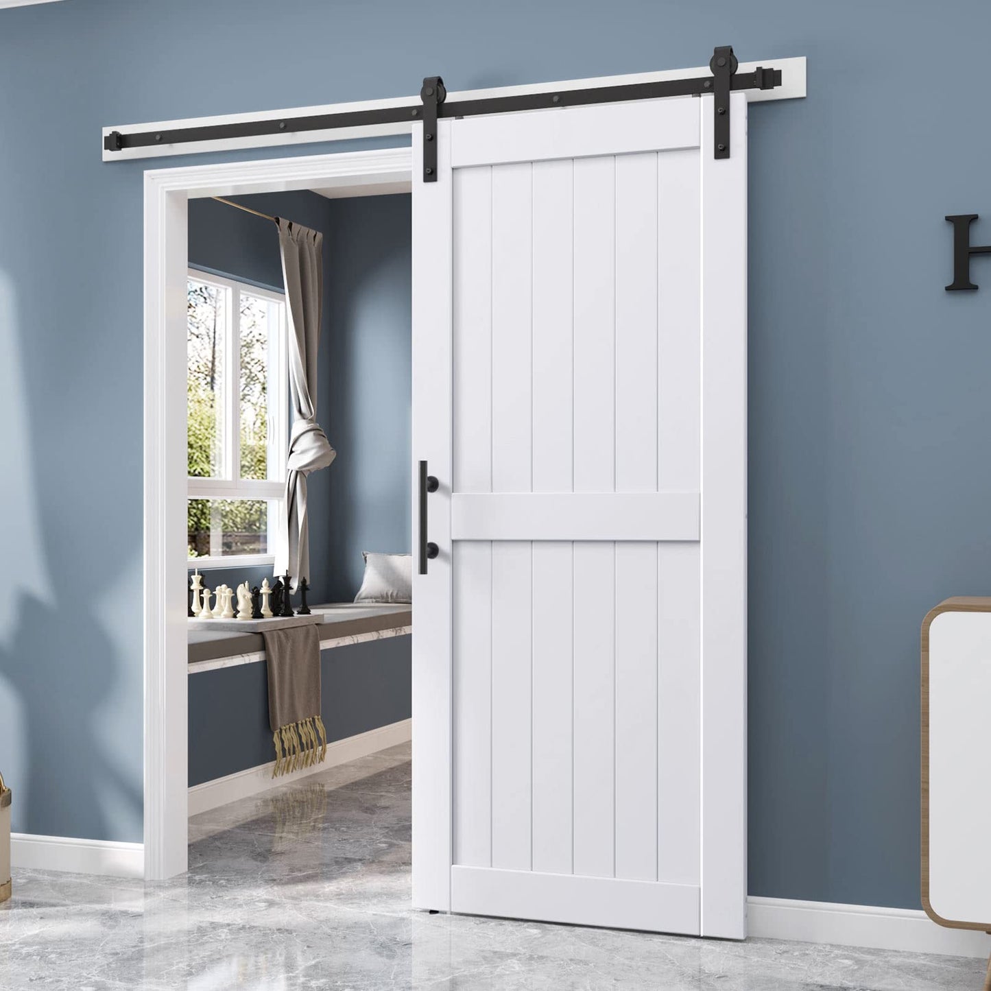 EaseLife 36 x 80 inch White Barn Door with 6.6FT Sliding Door Hardware Kit Included & Handle,Solid Wood Covered with Waterproof PVC Surface,DIY Assemblely,Easy Install,H-Frame,Fit 32-34in Wide Opening