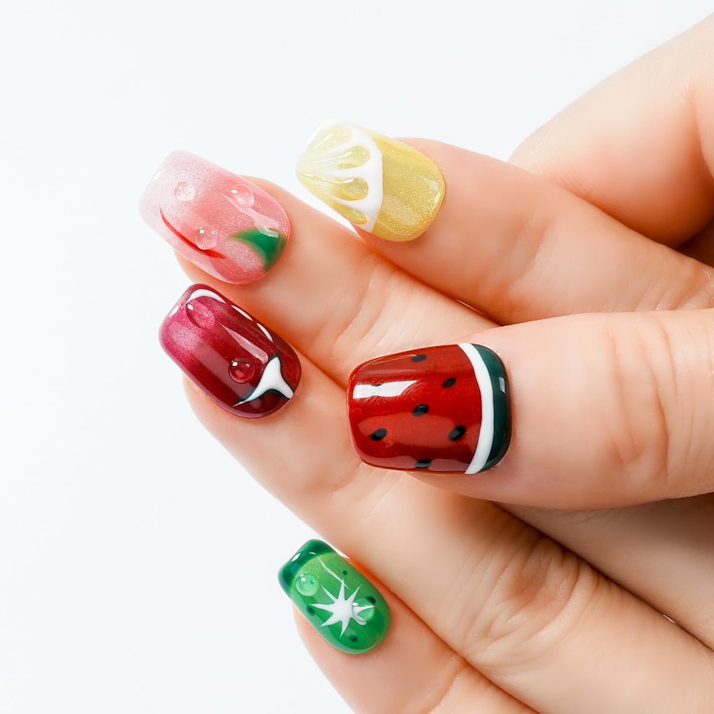 Tesytto Glitter Press on Nails Short Coffin Summer Fruit Nails Cateyes with 3D Water Drop, Hand-painted Watermelon & Lemon Art, Reusable Acrylic Full Cover Fake Nails, 10pcs (Fruit Party,L)