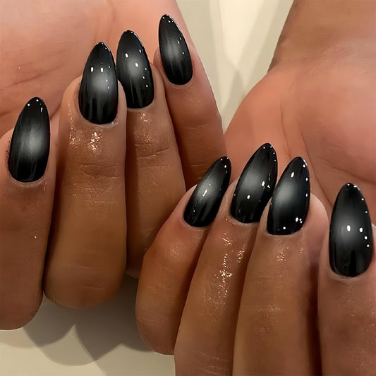 Black Press on Nails for Women Long Almond False Nails with Design Mirror Acrylic Glue on Nail Reusable Natural Stick on Nail