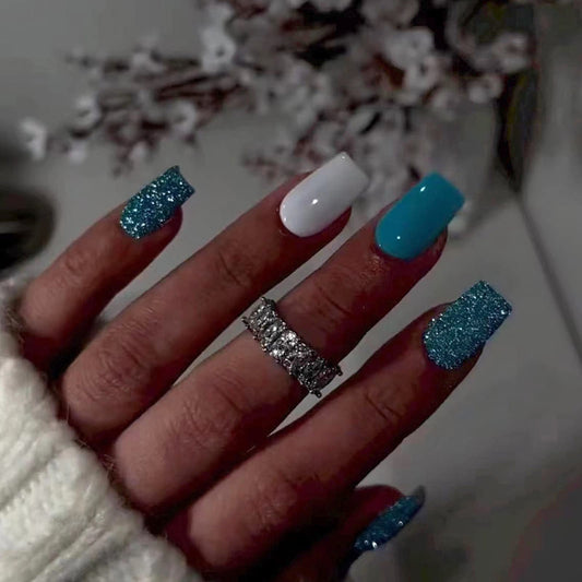 MISUD Press on Nails - Short Square Glue on Nails with Summer Blue, Acrylic Bling Glitter Design 24 pcs