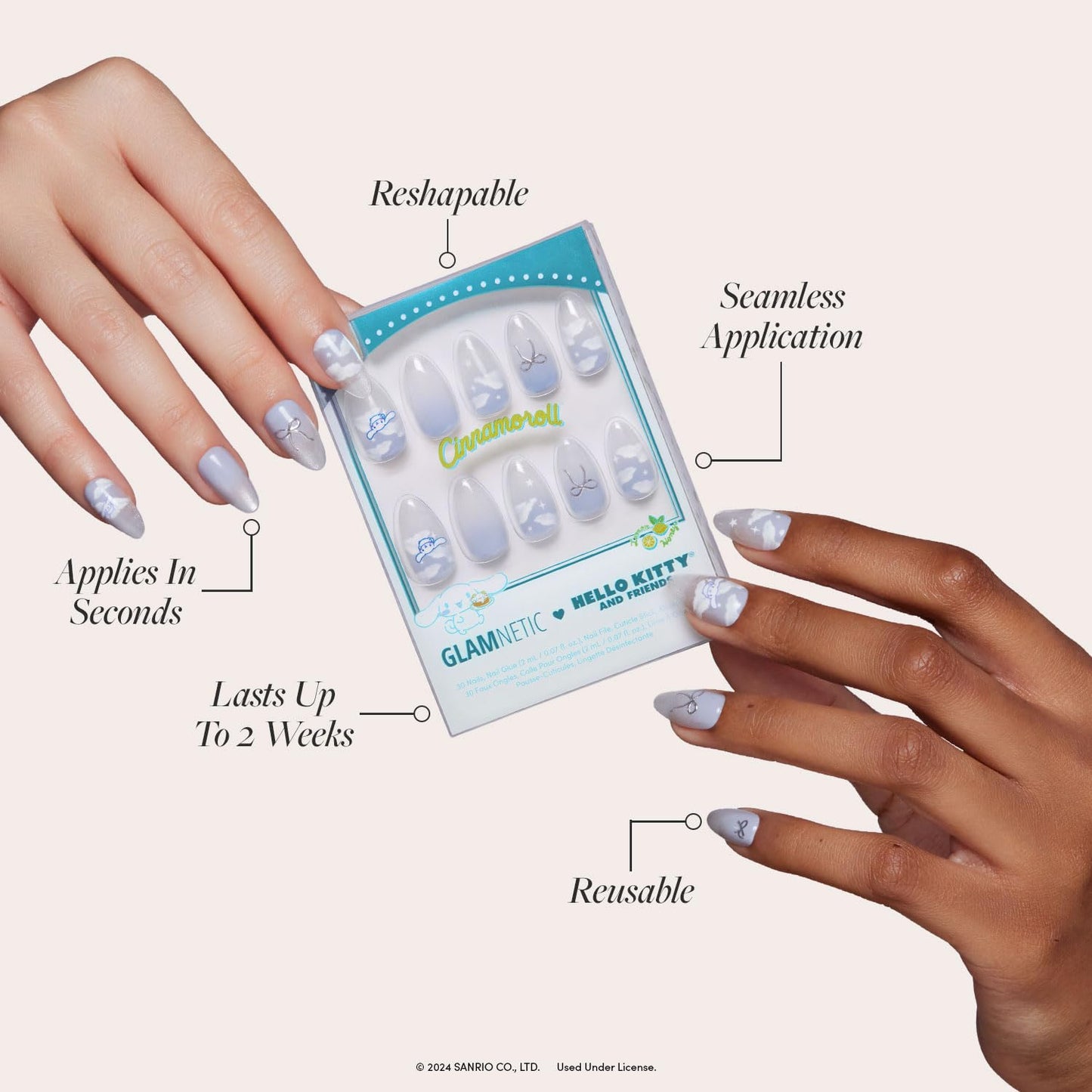 Glamnetic x Hello Kitty® and Friends Press On Nails - Cinnamoroll™ Cloud | Pale Blue 3D Cloud Graphic Fake Nails in a Velvet Finish | 15 Sizes - 30 Nail Kit with Glue