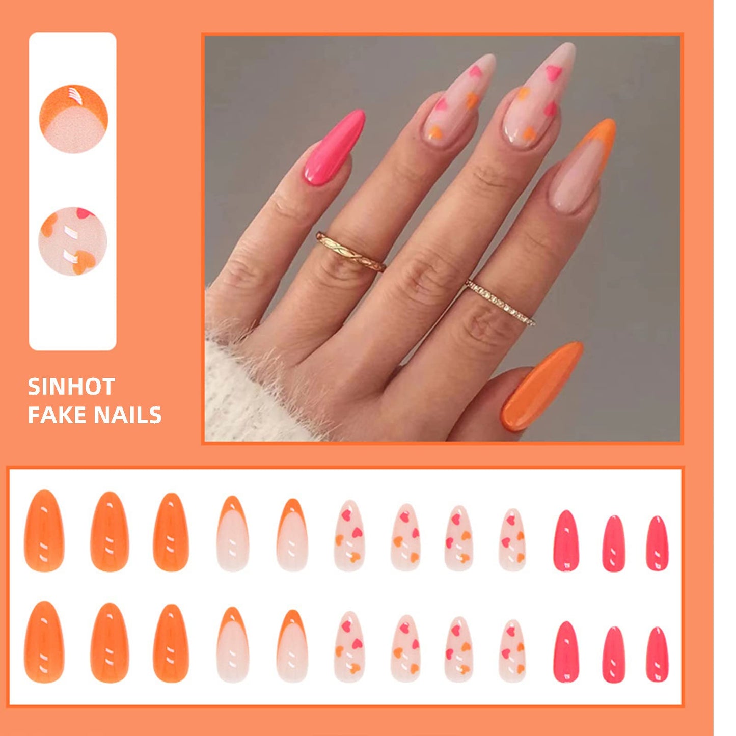 SINHOT French Tip Round Press on Naills Medium Fake Nails Heart Glue on Nails Orange Glossy False Nail Full Cover Oval Acrylic Nail for Women & Girls 24Pcs