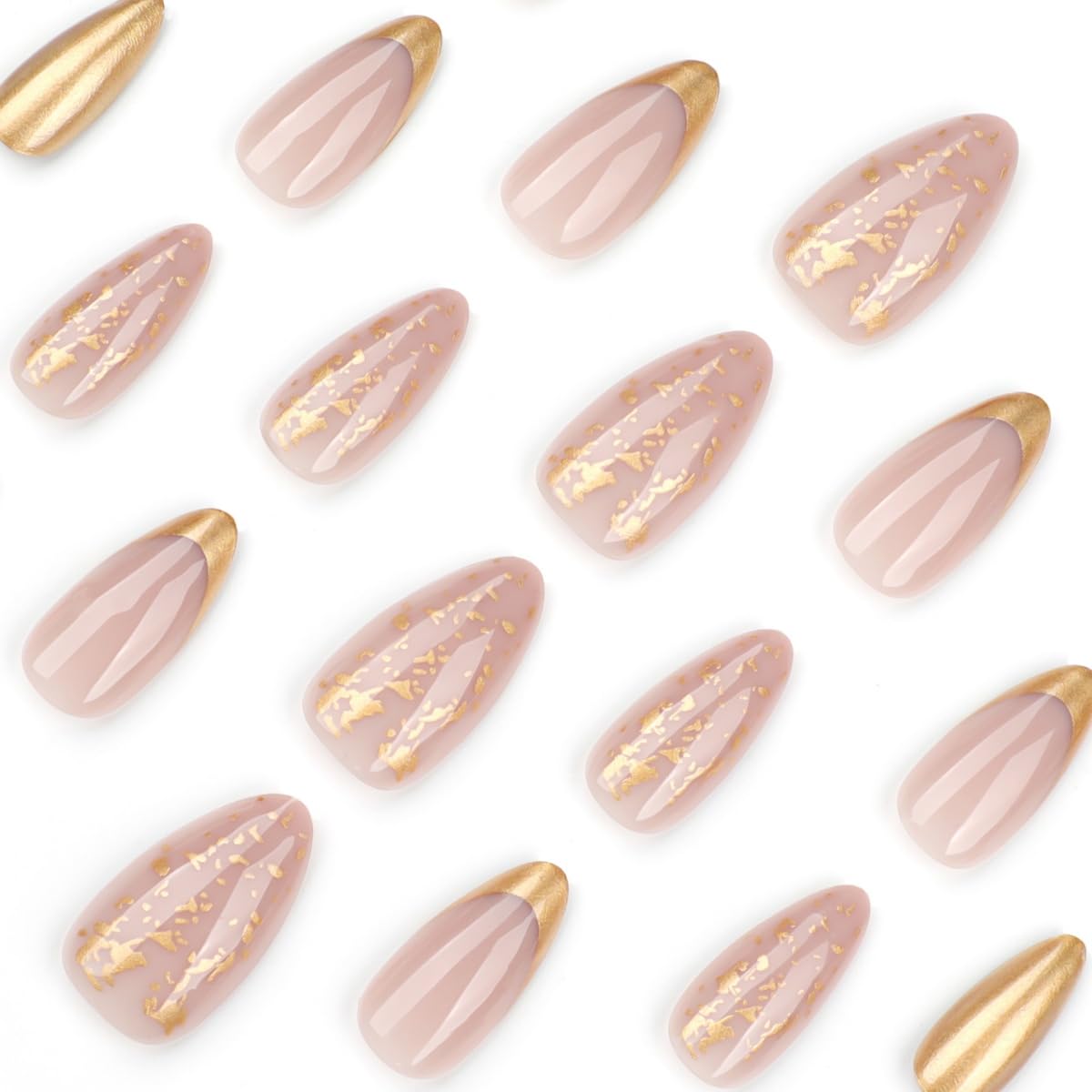 French Tip Press on Nails Medium Almond Gold Foil Glue on Nails Glitter Fake Nails Full Cover Nude Glossy False Nails for Women DIY Manicure Decoration 24PCS Reusable Acrylic Nails