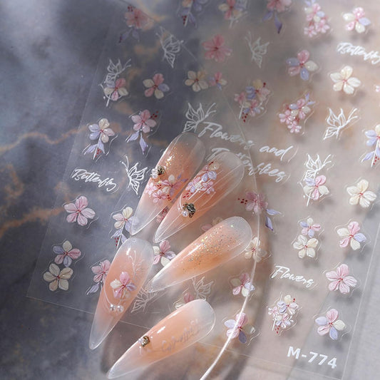 5D Embossed Flower Nail Stickers for Nail Art Pink Floral Nail Art Stickers White Butterfly Nail Decals Spring Stickers for Nails Designs Adhesive Nail Art Supplies for Women Girls 1 Sheet