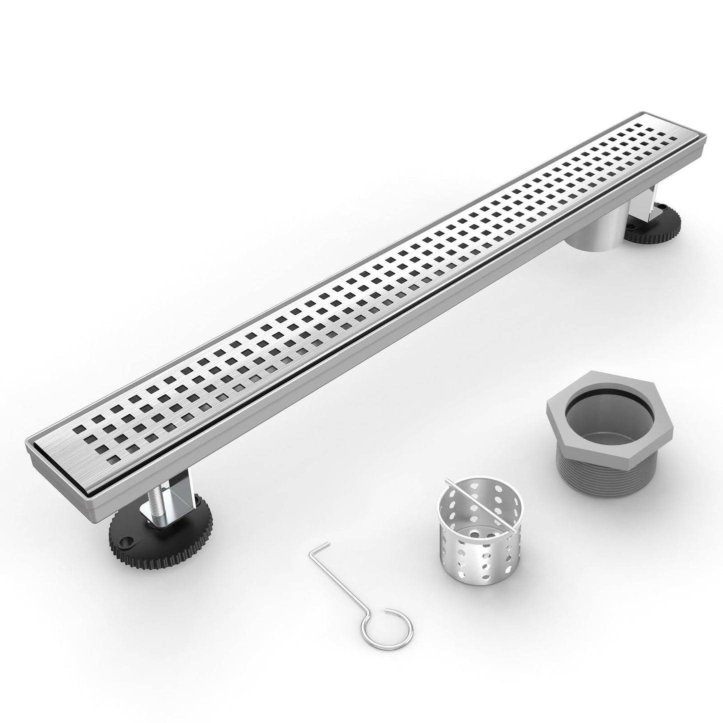 HTOH Shower Drain Offset Outlet for Bathroom: 48-Inch Brushed Nickel Linear Shower Drain with Removable Grate - 304 Stainless Steel Shower Floor Drain Side Outlet with Hair Catcher, Adjustable Feet