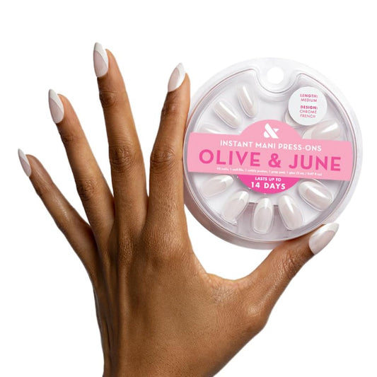 Olive & June Instant Mani Press-On Nails (Glue) | 42 Fake Nails, 21 Sizes | Non-Toxic, Long-Lasting Recycled Materials Realistic Look | Spring Flowers & Patterns | Medium, Oval | Chrome French