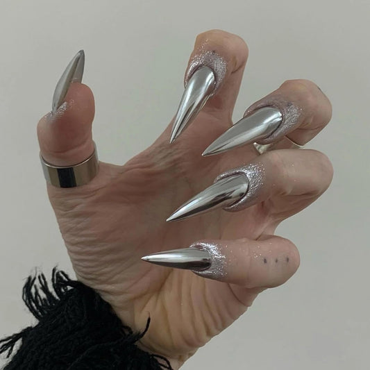 MISUD Press on Nails - Long Stiletto Glue on Nails with Silver Chrome, Acrylic Metallic Design 24 pcs
