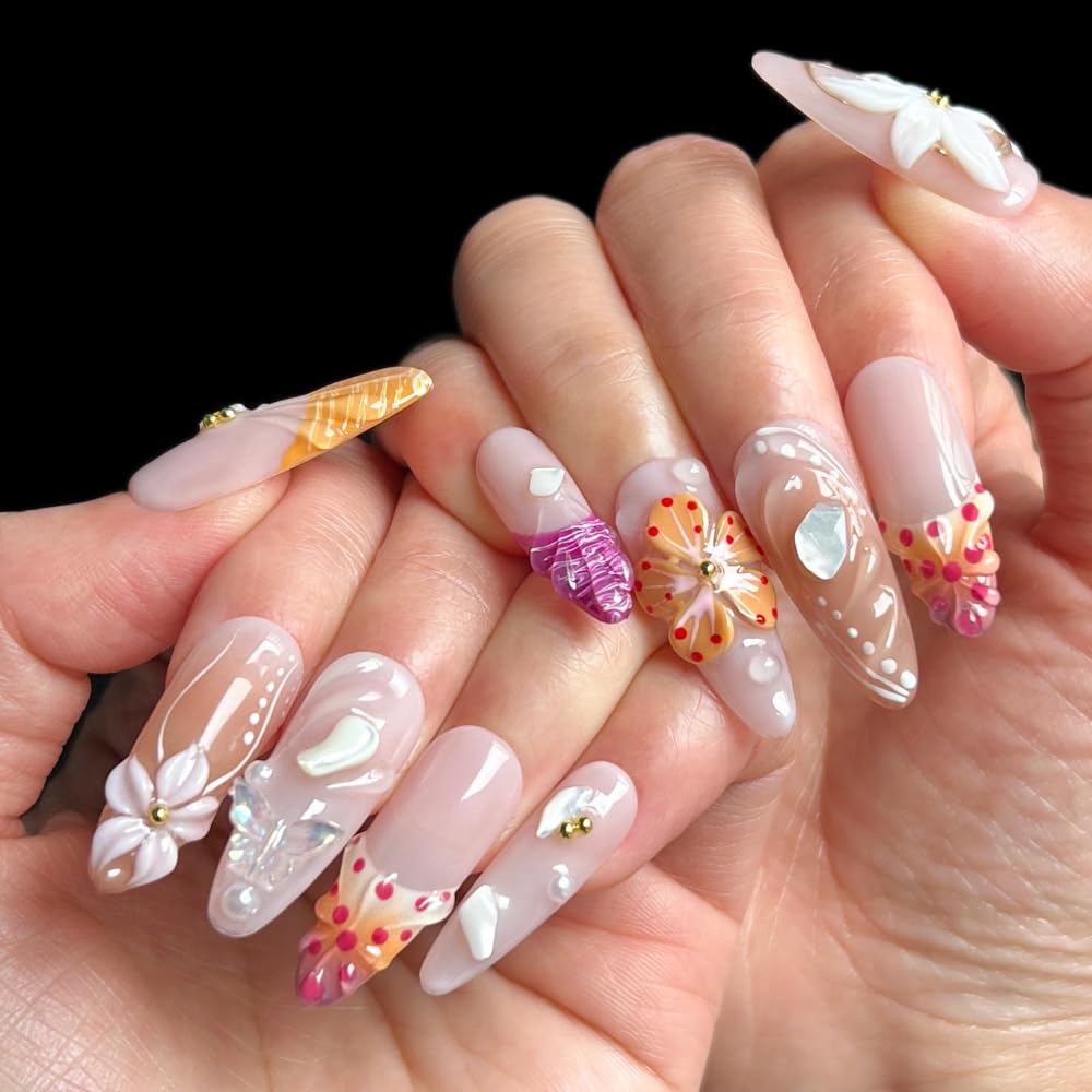 MAGLFELL Nails Press on Nails - Handmade Long Almond Fake Nails, Unique 3D Glossy French Design False Nails for Women, 10 Pcs Acrylic Handmade Fingernails (Size S)