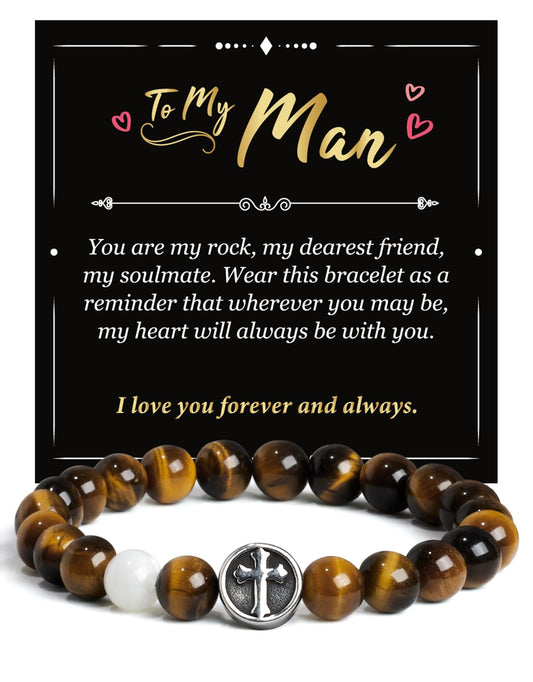 Landorilo Gifts for Men, 8mm Cross Natural Stone Beaded Bracelets, Yellow Tiger Eye Healing Bracelet, Handmade Mens Jewelry Gift for Him, Husband, Son, Father, Friend(Happy Birthday-7.5in)