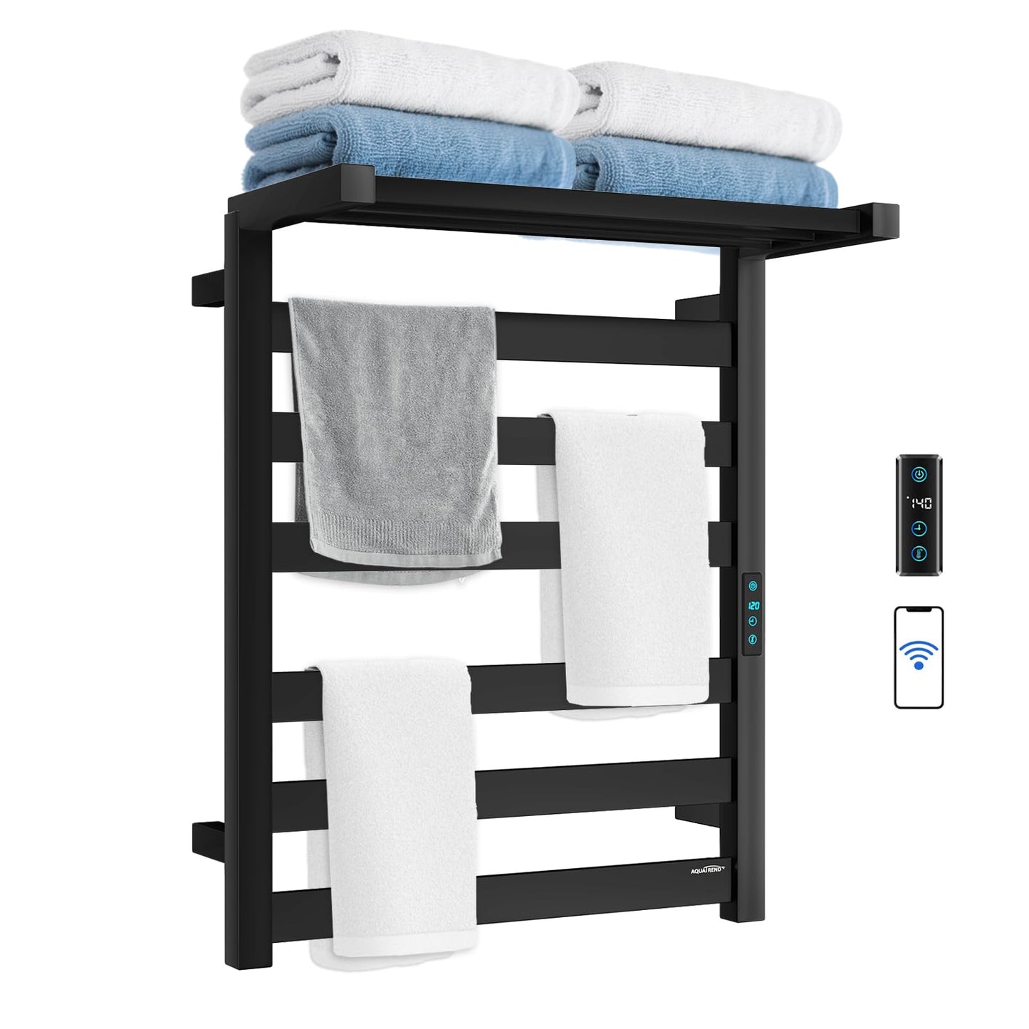 Towel Warmer Rack with WiFi, 6 Bars Large Towel Racks with Temperature & Timing Control, Foldable Bracket, Digital Display, Stainless Steel, Plug-in, Wall Mounted, Black
