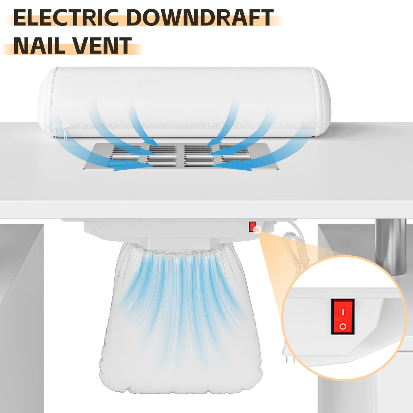 Manicure Table, Nail Desk Station for Nail Tech with Electric Downdraft Vent & Locking Castors & Wrist Cushion, Manicure Desk with 4 Drawers & 1Cabinet Manicure Table for Spa Beauty Salon, White