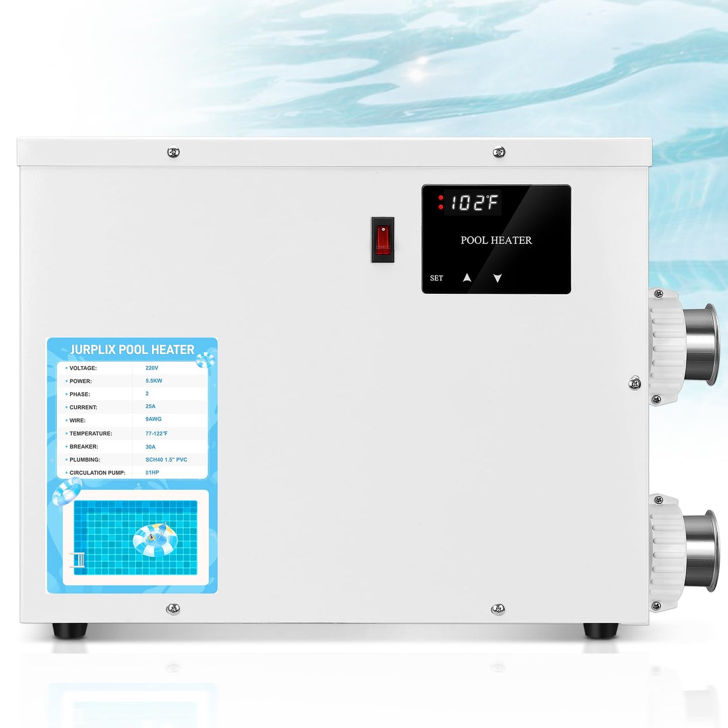 JURPLIX 5.5KW 220V 25A Electric Pool Heater for Swimming Pool, Hot Tub & Spa Heater with Digital Touch Screen Thermostat, Efficient Water Warmer, Above Inground Pool & Ground Pool