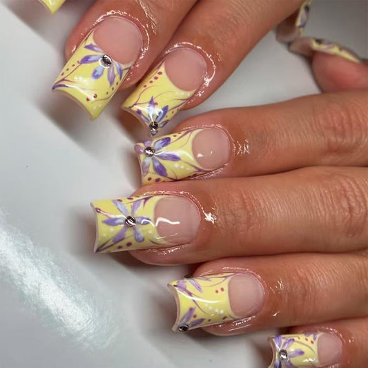 plalely Square Press on Nails Medium Yellow Fake Nail Purple Flowers Acrylic Nail Press ons Sparkly Rhinestones Stick on Nail for Women 24pcs